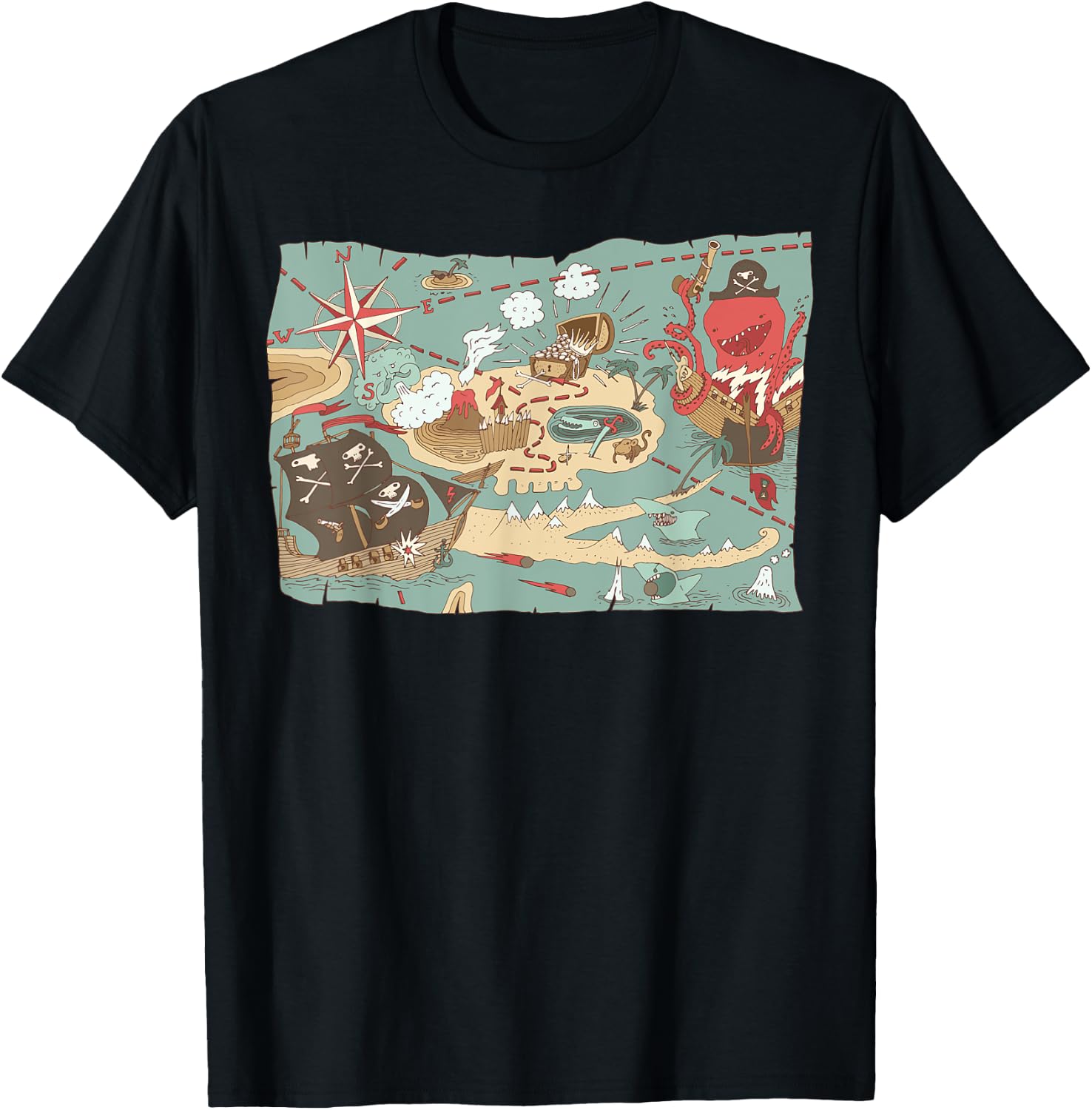 Treasure Map Ship Sharks Pirates & Skulls Shirt Boys Kids T-Shirt - T-Shirt | Black