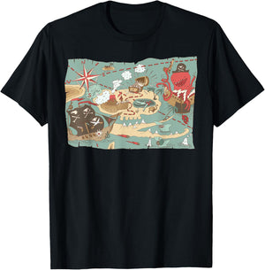 Treasure Map Ship Sharks Pirates & Skulls Shirt Boys Kids T-Shirt - T-Shirt | Black