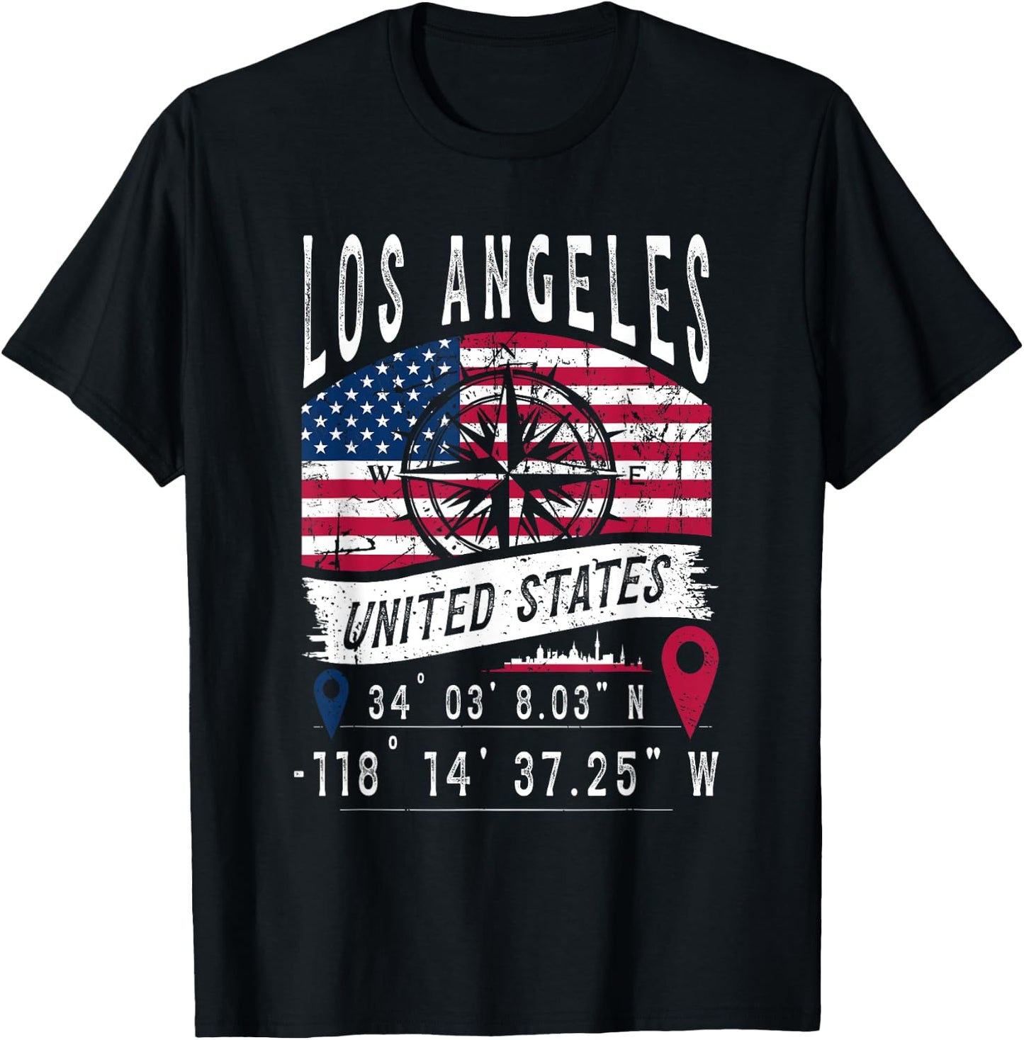 Los Angeles USA Flag GPS Coordinates Los Angeles , Black, S T-Shirt - T-Shirt | Black