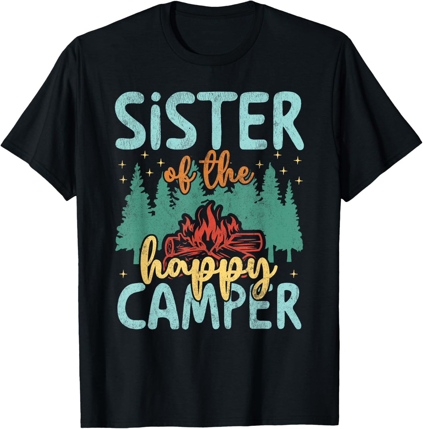 Sister of Happy Camper 1st Birthday Party Retro Sister T-Shirt - T-Shirt | Black
