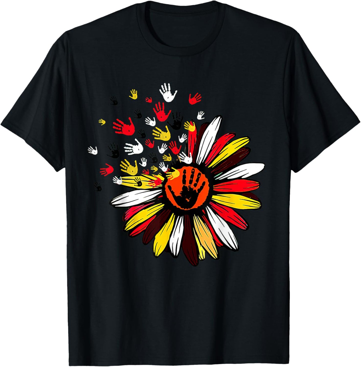 Native American Handprint Flower Traditional Colors T-Shirt - T-Shirt | Black