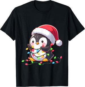 Merry Penguinmas Christmas Lights Cute Penguin Santa Hat T-Shirt - T-Shirt | Black