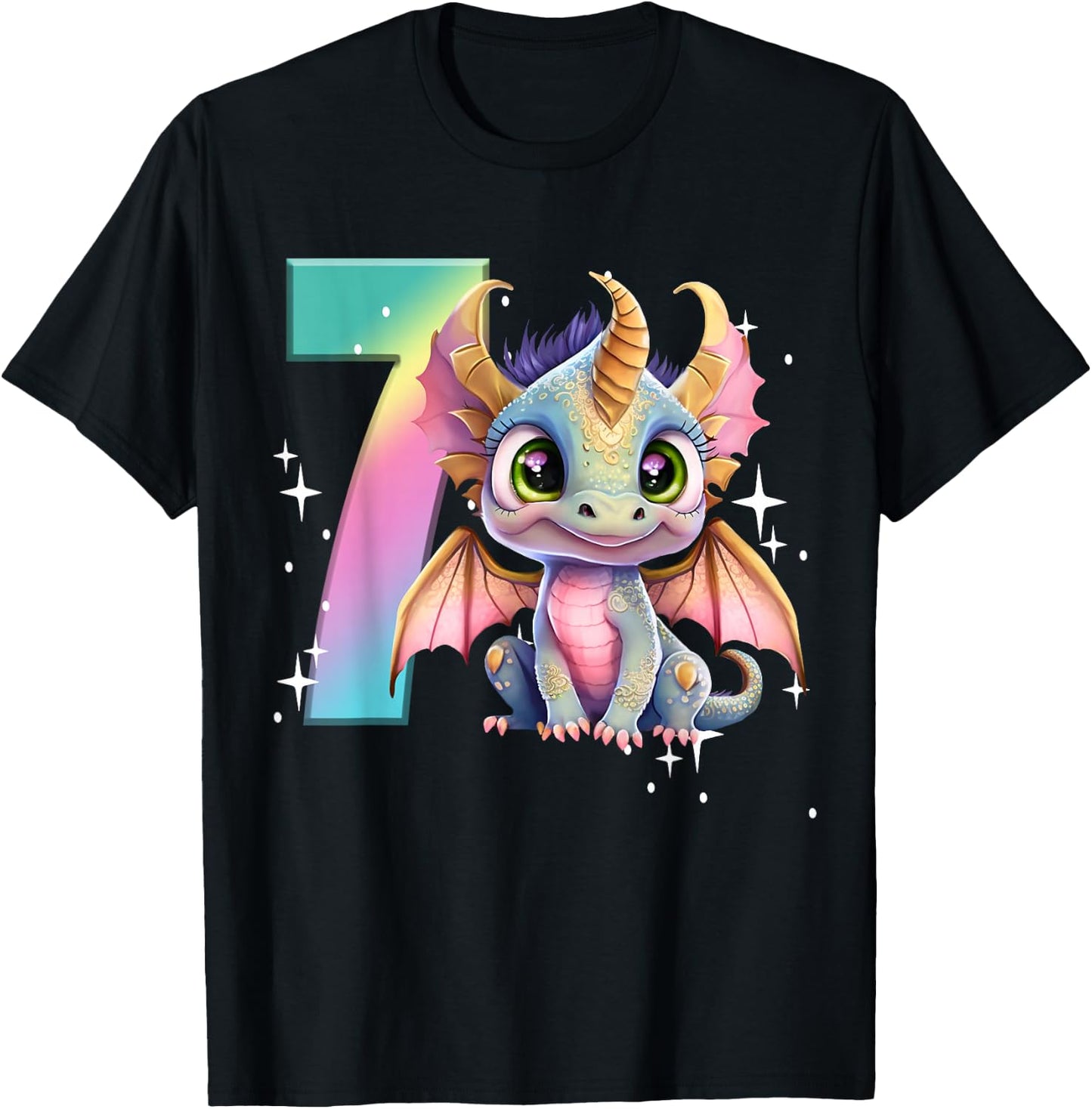 7th Birthday Shirt Girl Dragon Birthday Outfit Rainbow Seven T-Shirt - T-Shirt | Black