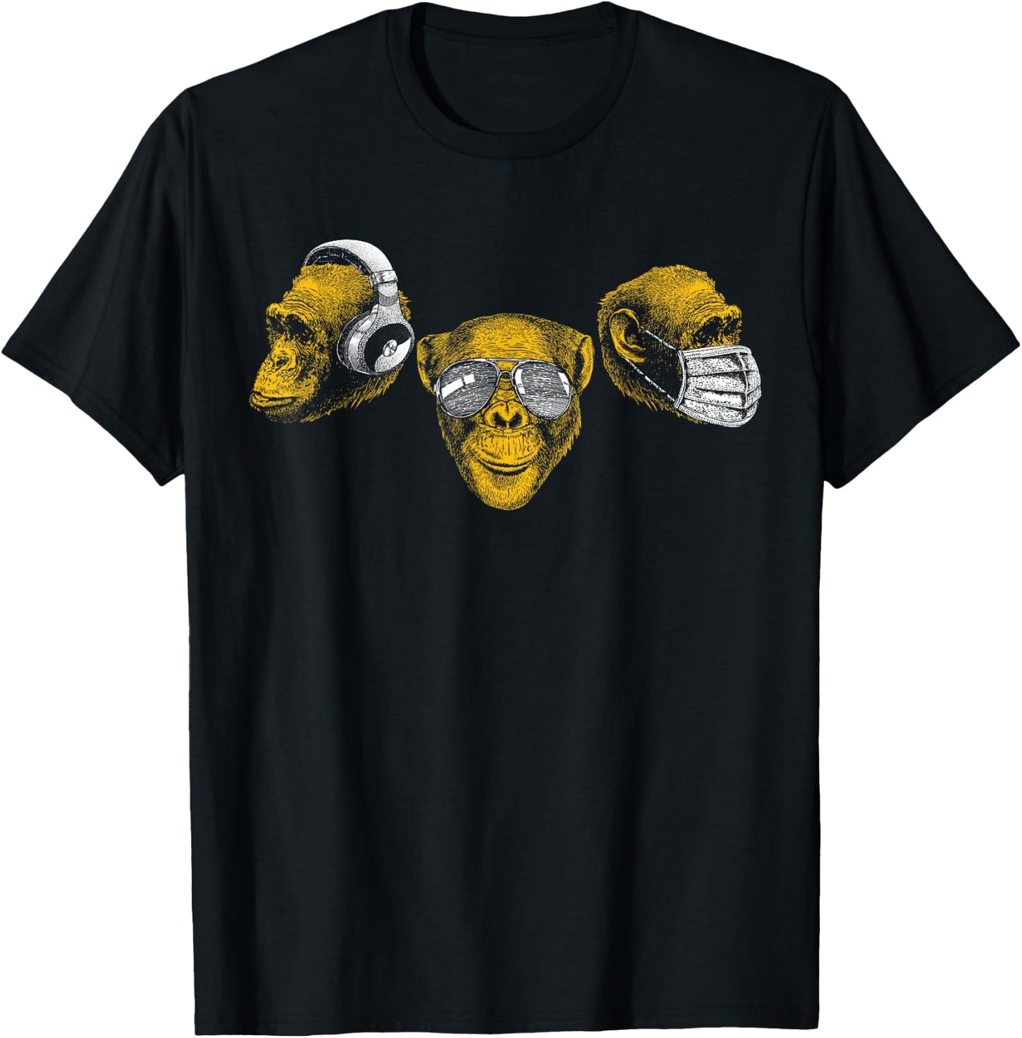 Three Chimpanzee Heads Wise Monkey Speak Hear & See No Evil T-Shirt - T-Shirt | Black
