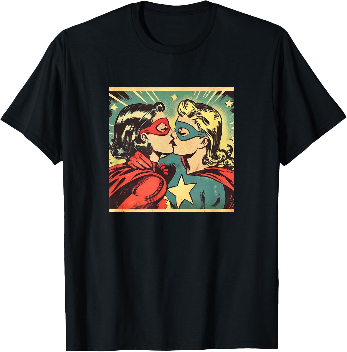 Vintage Superheroes Kissing Lesbian LGBT Queer Love Meme , black T-Shirt - T-Shirt | Black