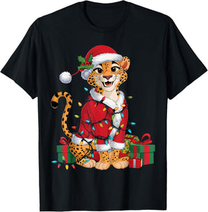 Xmas Lighting Santa Cheetah Christmas T-Shirt - T-Shirt | Black