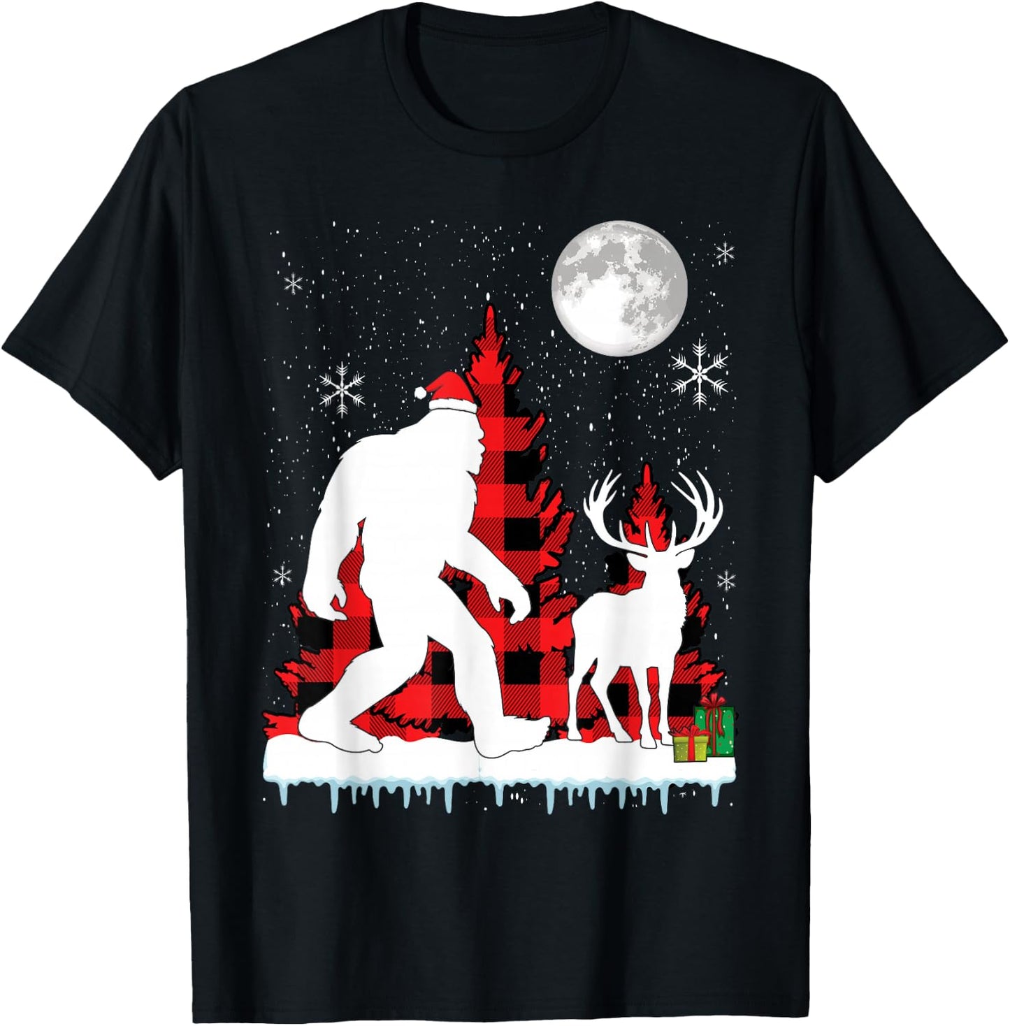 Bigfoot Buffalo Plaid Christmas Trees T-Shirt - T-Shirt | Black