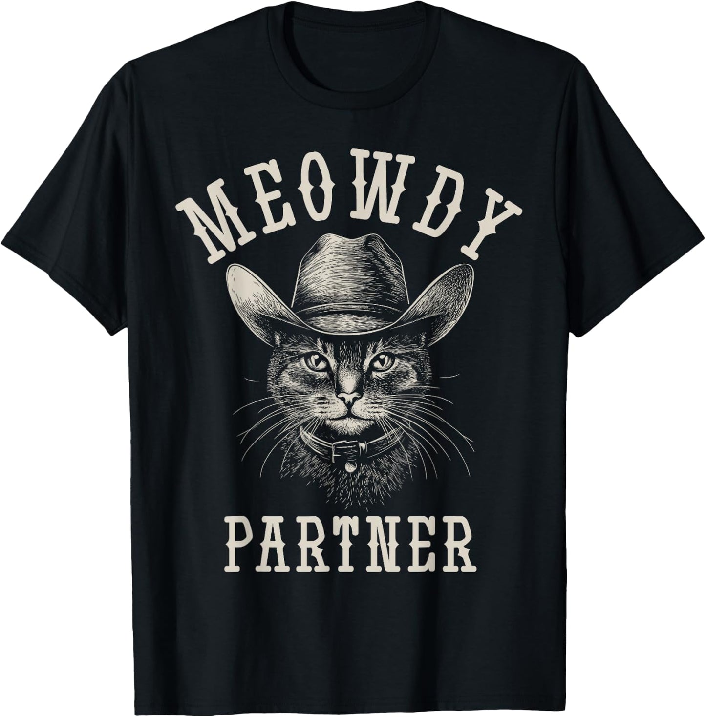 Meowdy Partner Cat Cowboy Hat Funny Western Howdy Partner T-Shirt - T-Shirt | Black