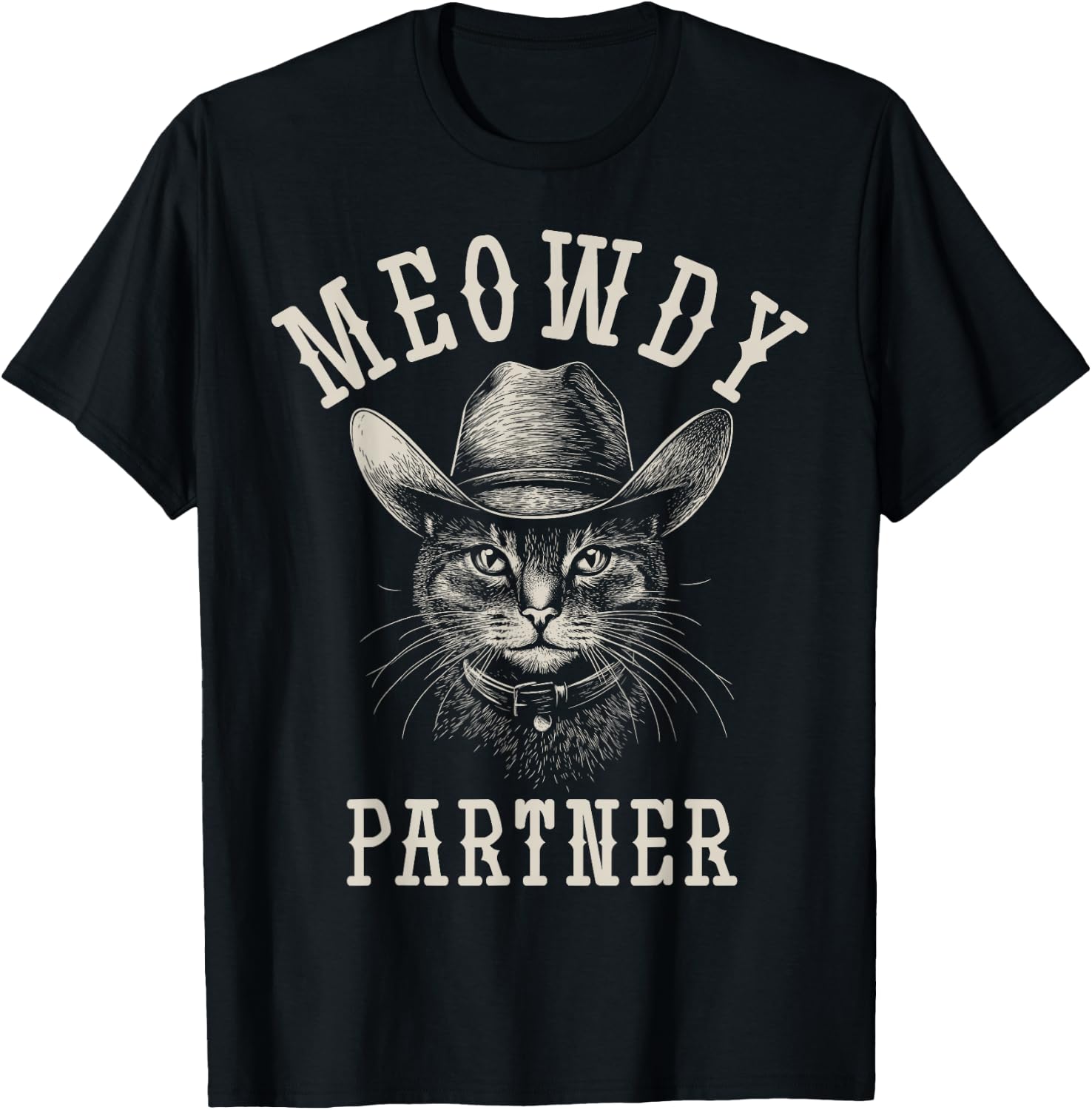 Meowdy Partner Cat Cowboy Hat Funny Western Howdy Partner T-Shirt - T-Shirt | Black