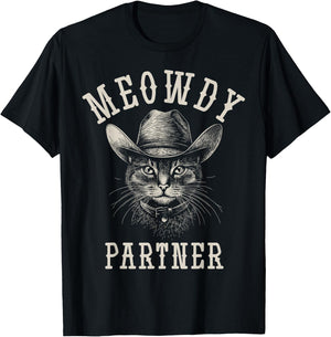 Meowdy Partner Cat Cowboy Hat Funny Western Howdy Partner T-Shirt - T-Shirt | Black