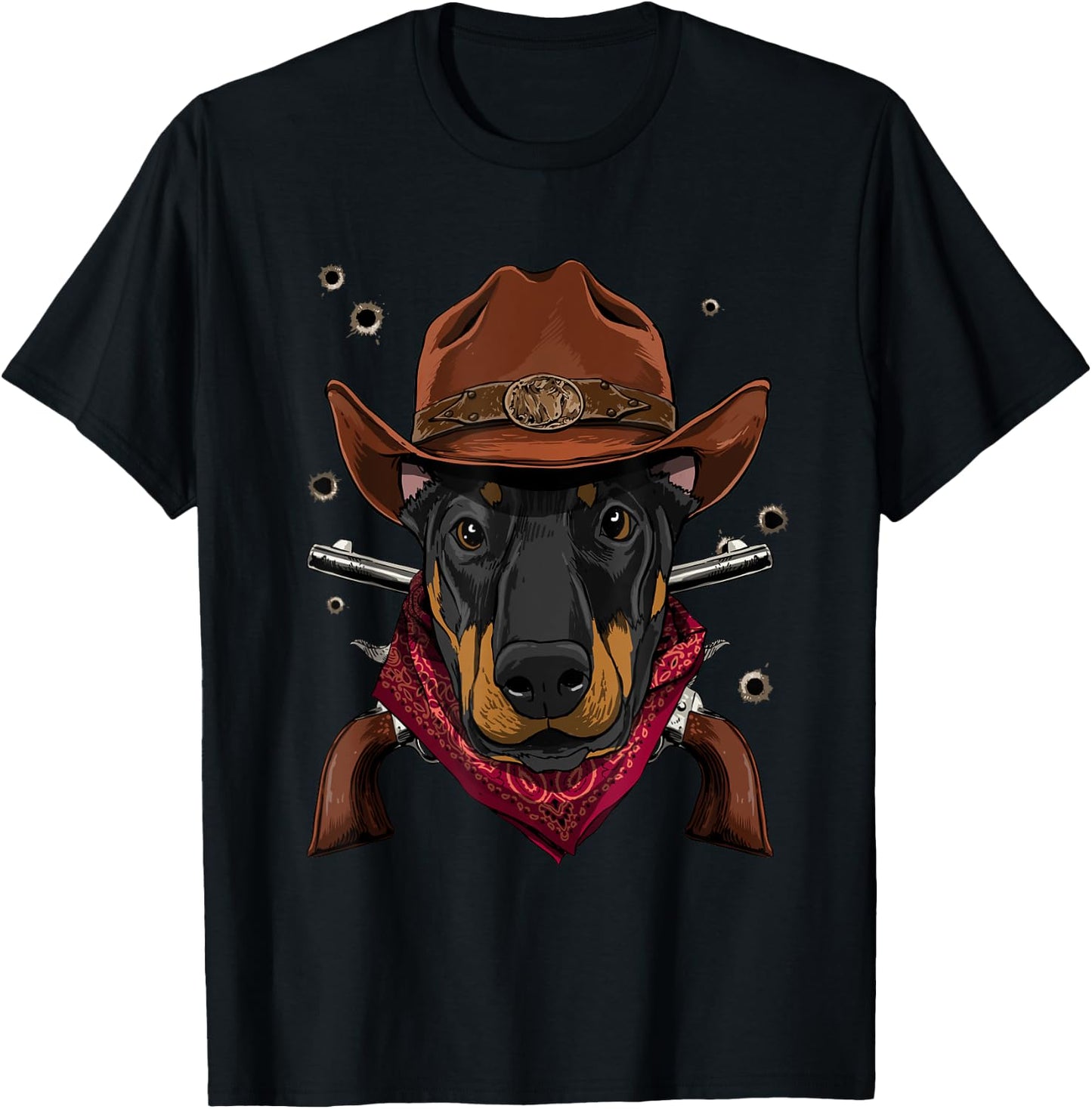 Cowboy Doberman Western Rodeo Cowboy Hat and Bandana Dog T-Shirt - T-Shirt | Black