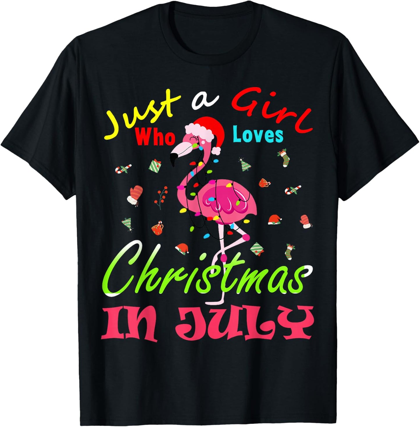 Just A Girl Who Loves Christmas In July Flamingo T-Shirt - T-Shirt | Black
