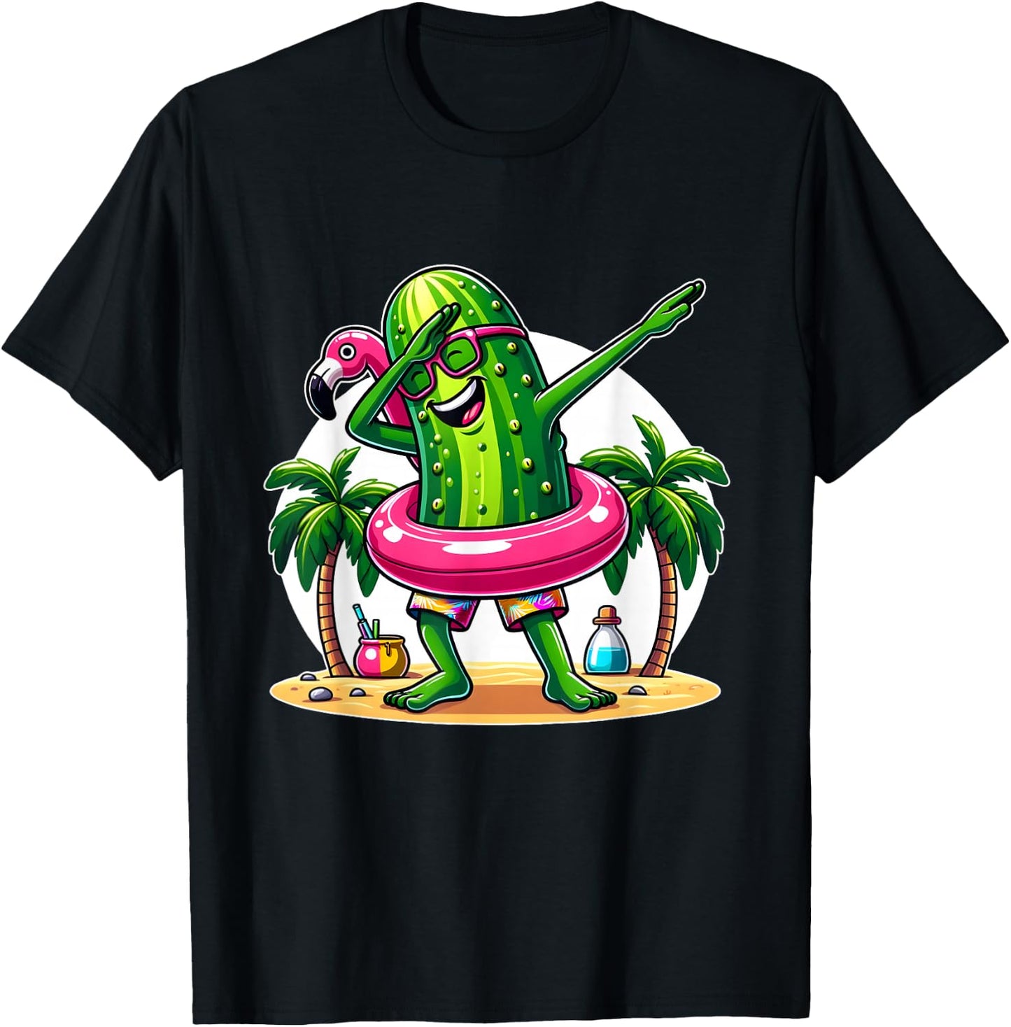 Unique Dabbing Pickle Flamingo Summer Fun T-Shirt - T-Shirt | Black