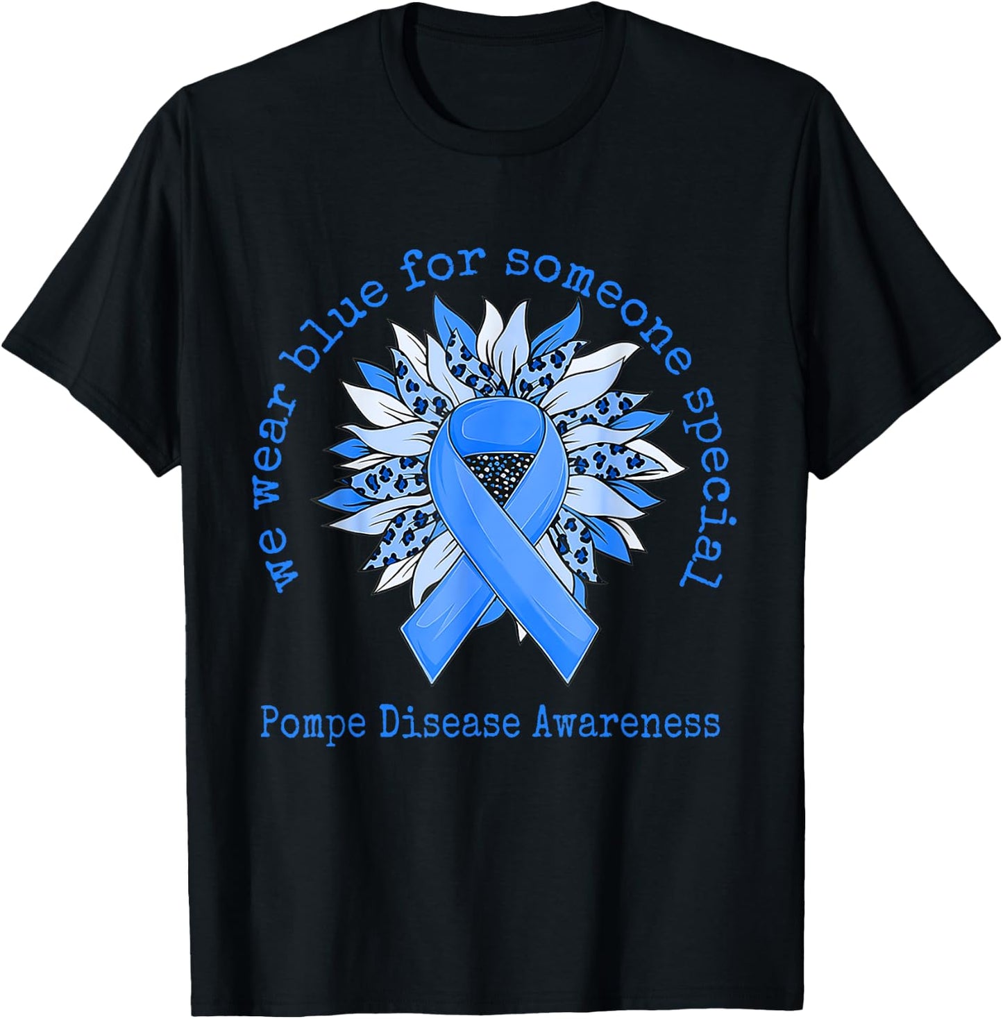 We Wear Blue Pompe Disease Awareness Sunflower Leopard T-Shirt - T-Shirt | Black