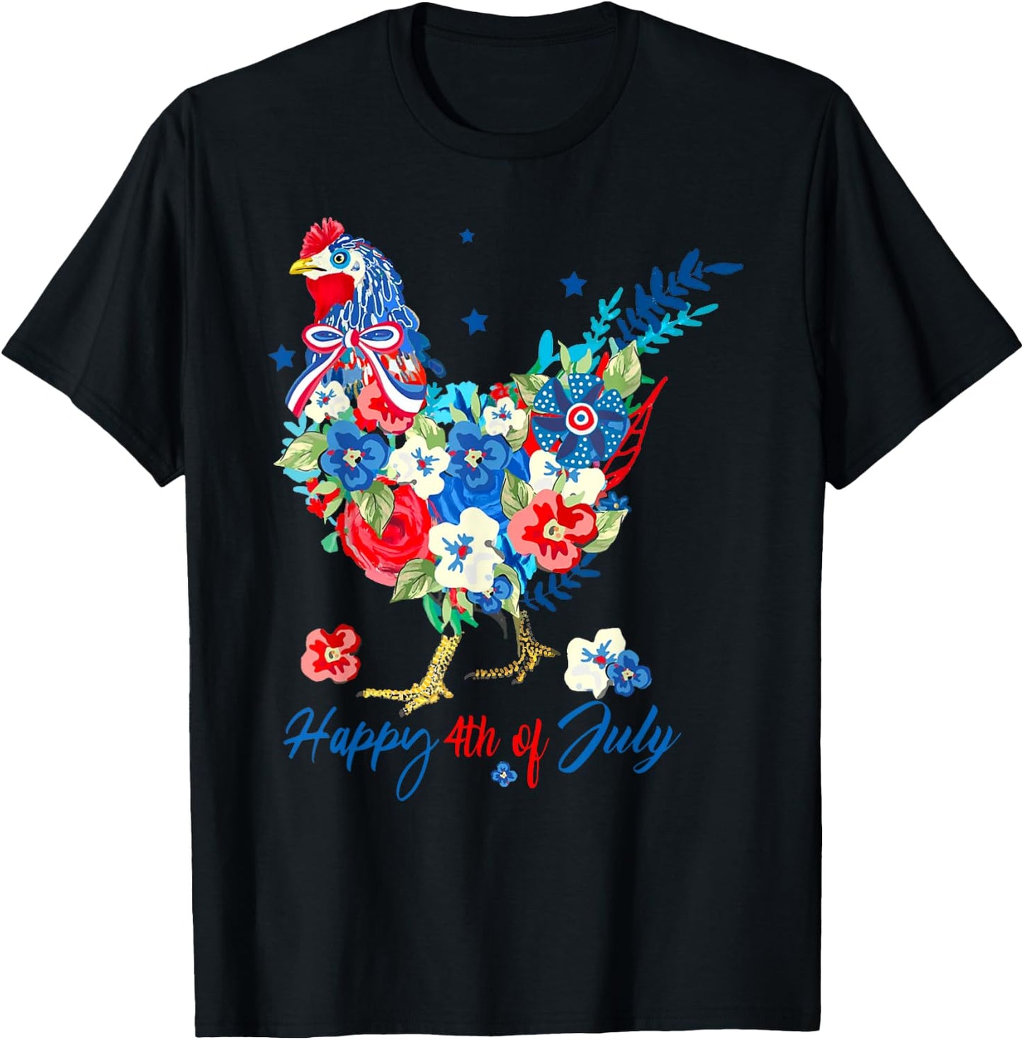 Floral Happy 4th of July Chicken Pioneer Woman Patriotic T-Shirt - T-Shirt | Black