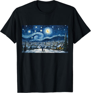 Snowy Winter Christmas Starry NIght Painting Art T-Shirt - T-Shirt | Black
