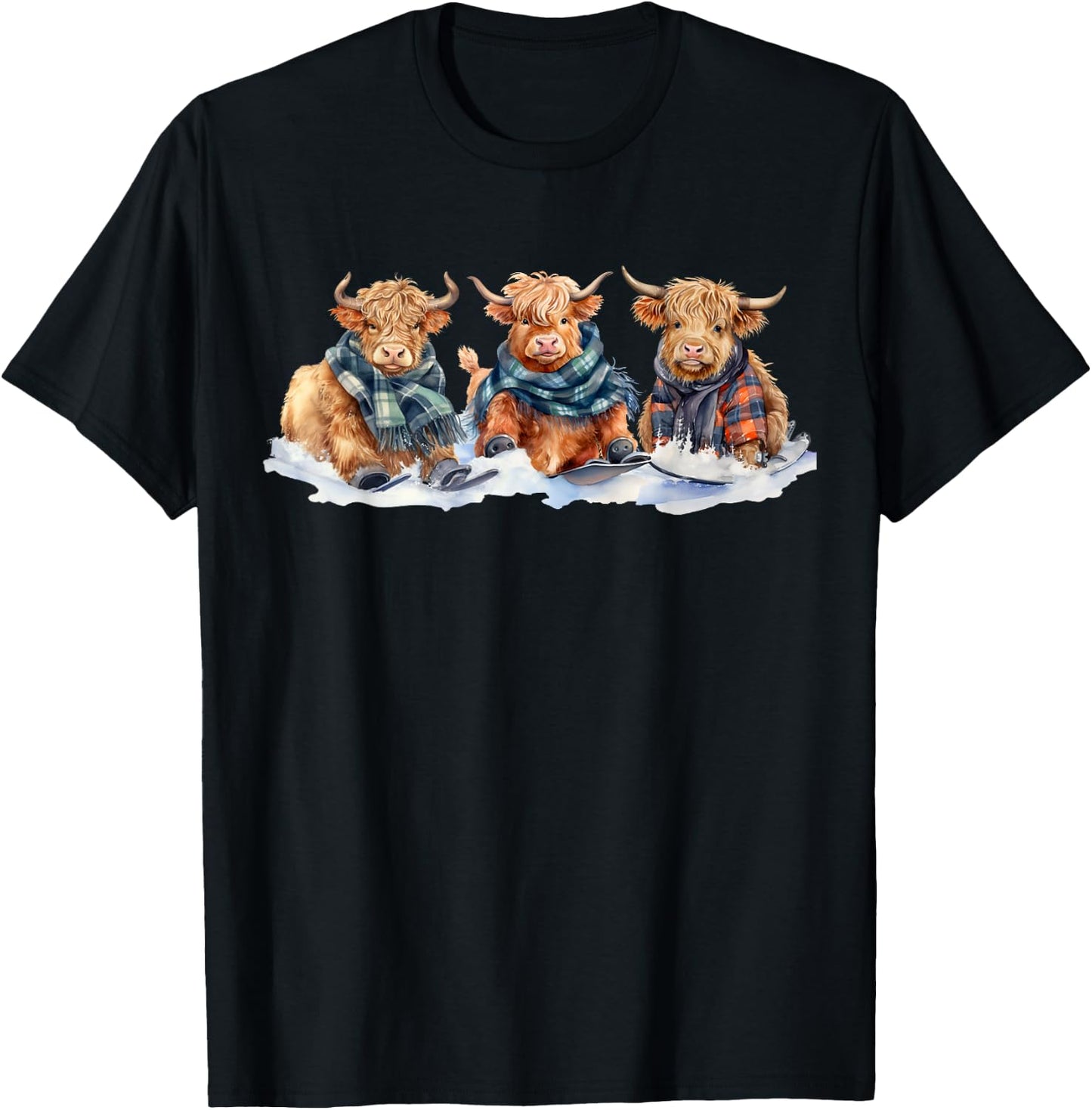 Cute Winter Highland Cows Plaid Scarf Skiing Snowshoe Snow T-Shirt - T-Shirt | Black