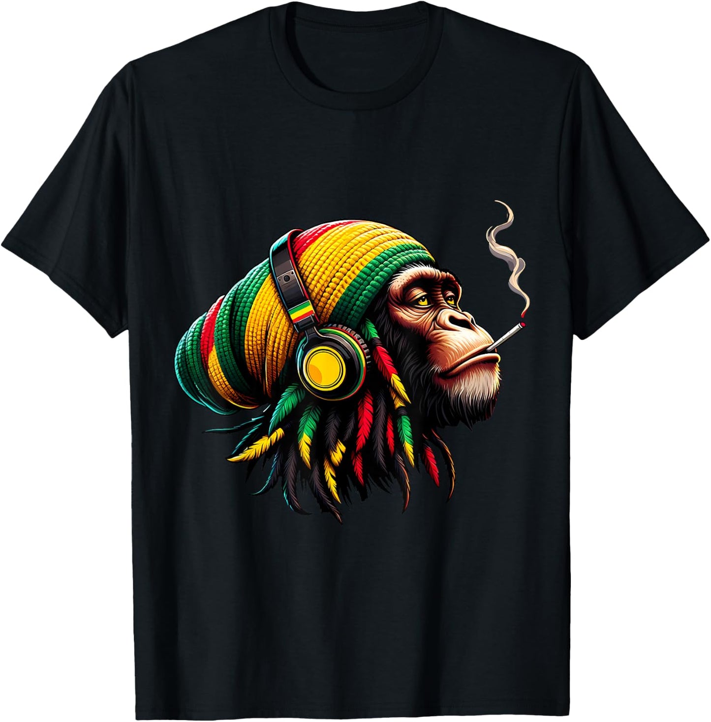 Jamaican Roots Reggae Chimpanzee Headphones Rastafari , Black, S T-Shirt - T-Shirt | Black