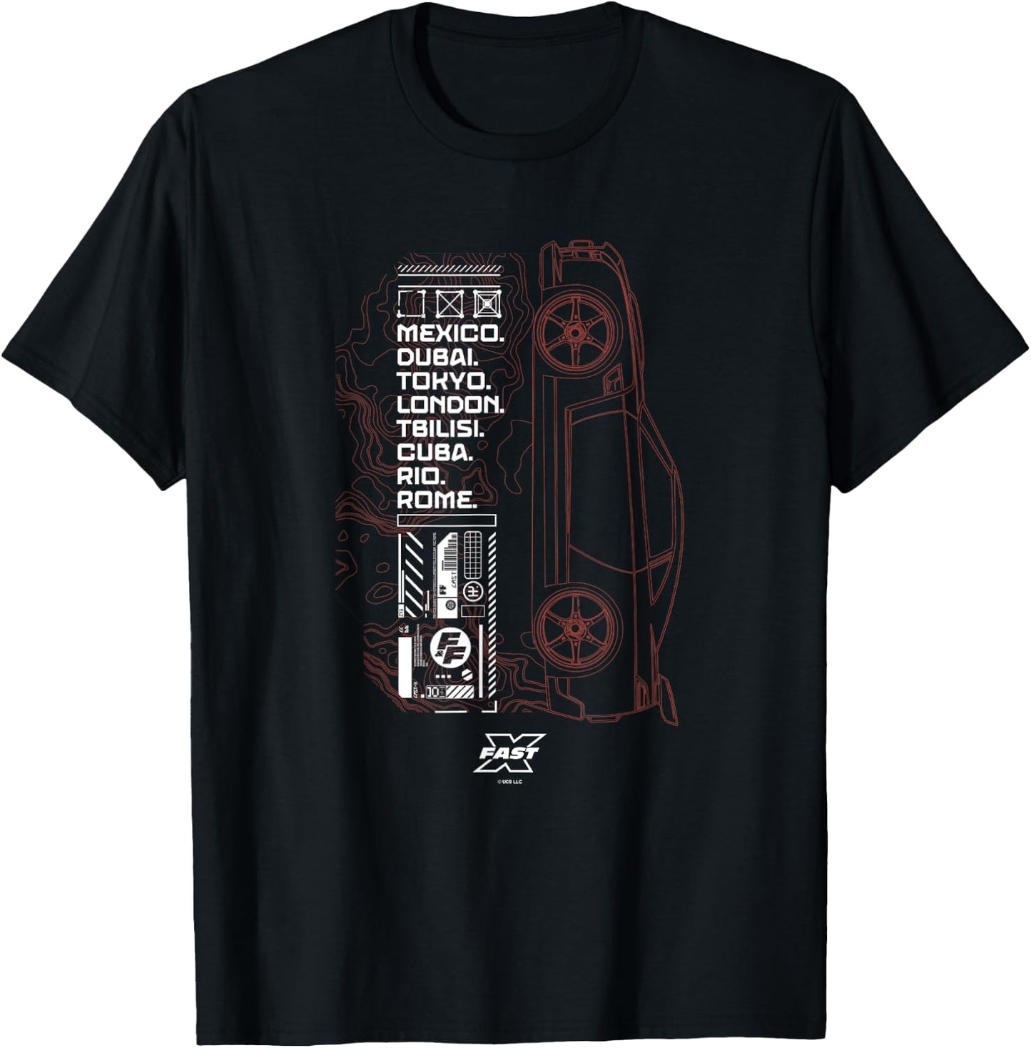 Fast X Worldwide Cities Fast & Furious Red Car Tactical Map , black T-Shirt - T-Shirt | Black