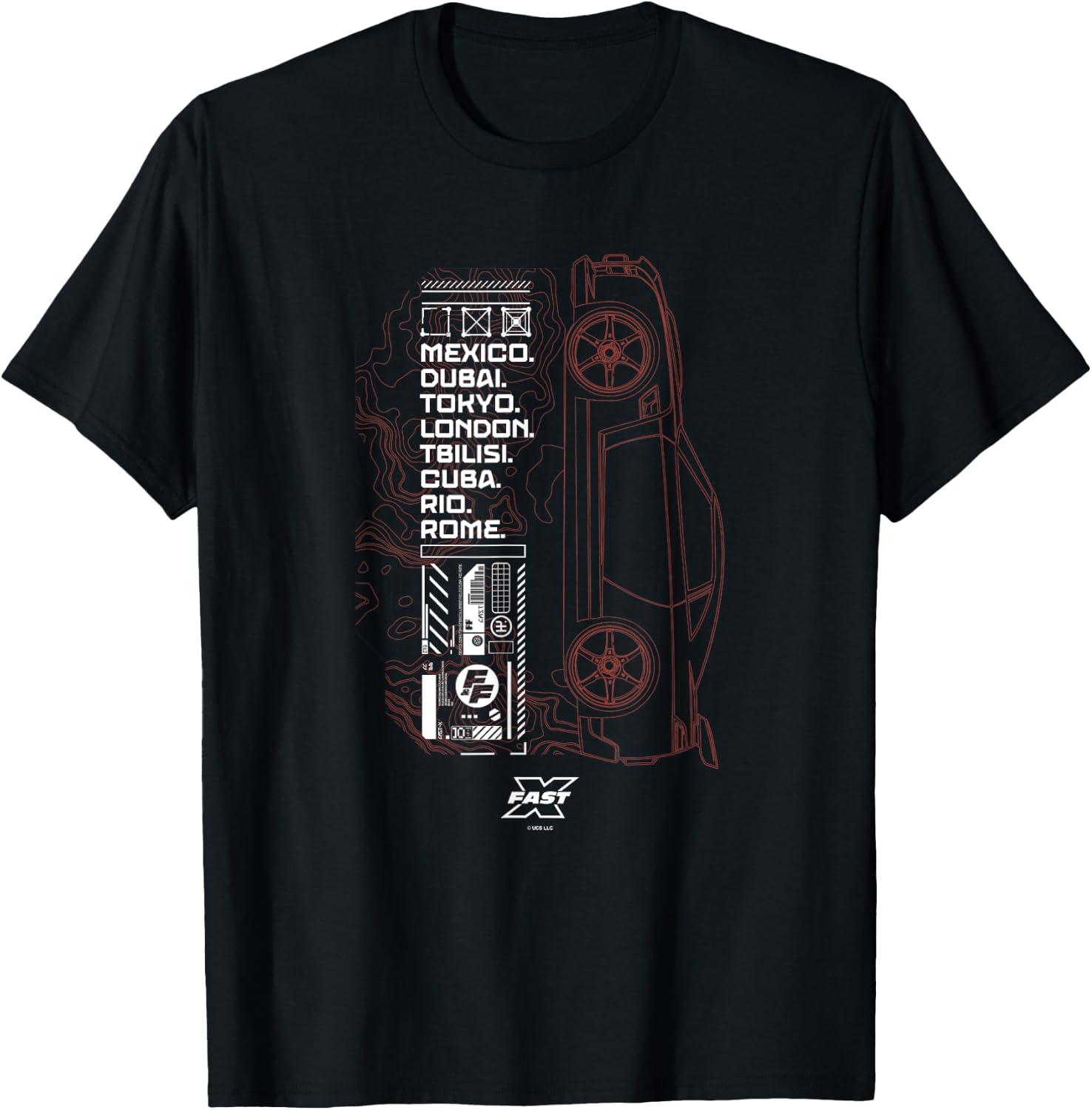 Fast X Worldwide Cities Fast & Furious Red Car Tactical Map , black T-Shirt - T-Shirt | Black