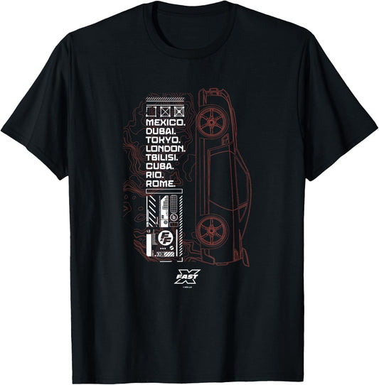 Fast X Worldwide Cities Fast & Furious Red Car Tactical Map , black T-Shirt - T-Shirt | Black
