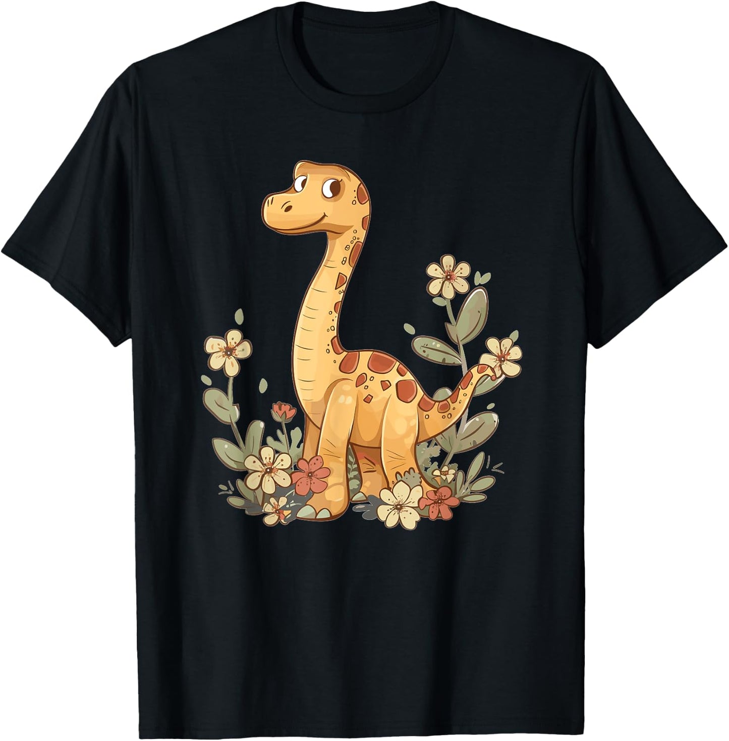 Cute Brachiosaurus With Flowers I Kids Brachiosaurus T-Shirt - T-Shirt | Black