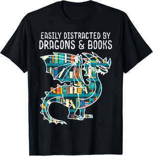 Easily Distracted By Dragons Books Funny Bookworm T-Shirt - T-Shirt | Black