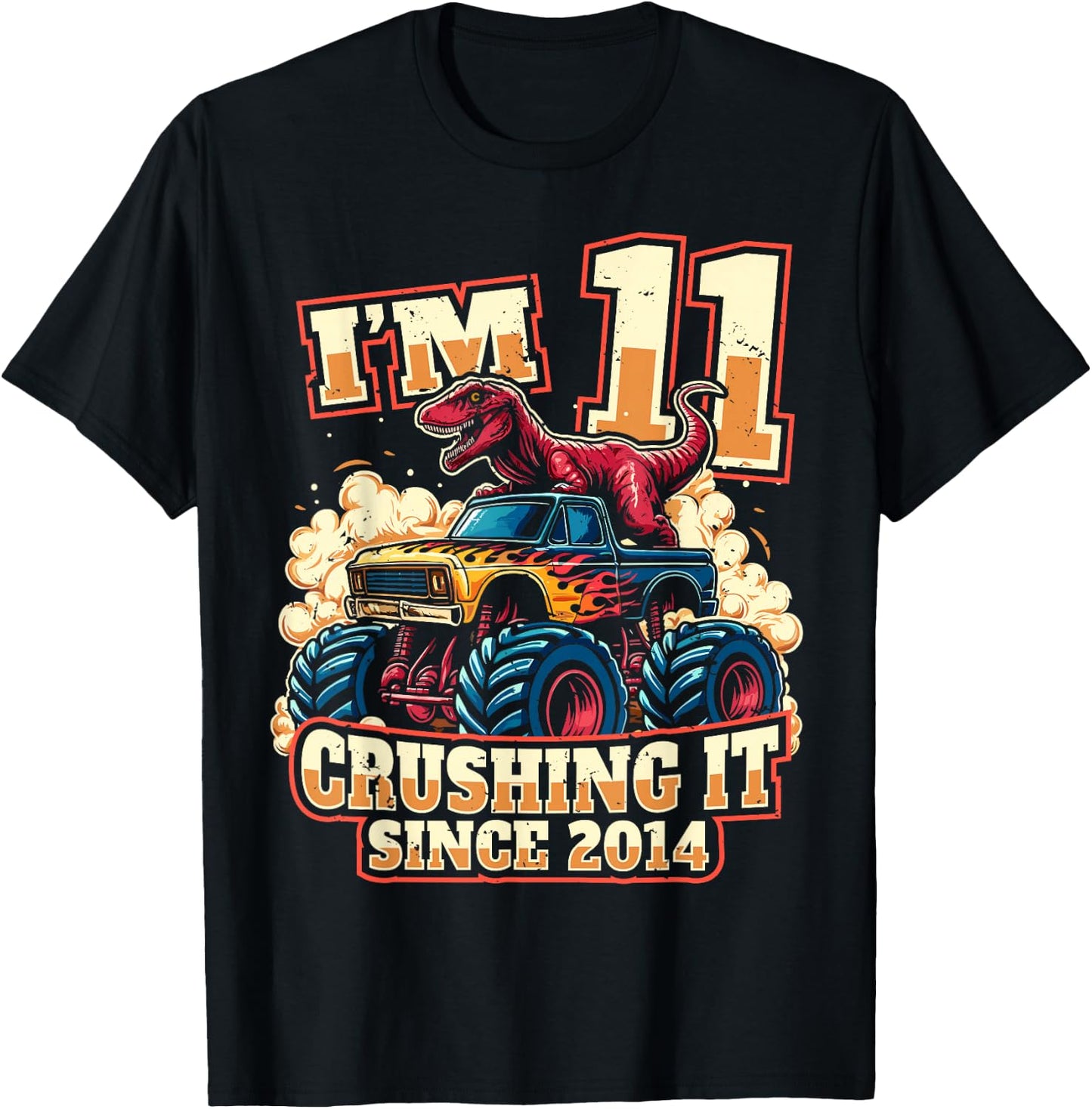 11 Year Old Boys 11th Birthday Dinosaur Monster Truck Party T-Shirt - T-Shirt | Black