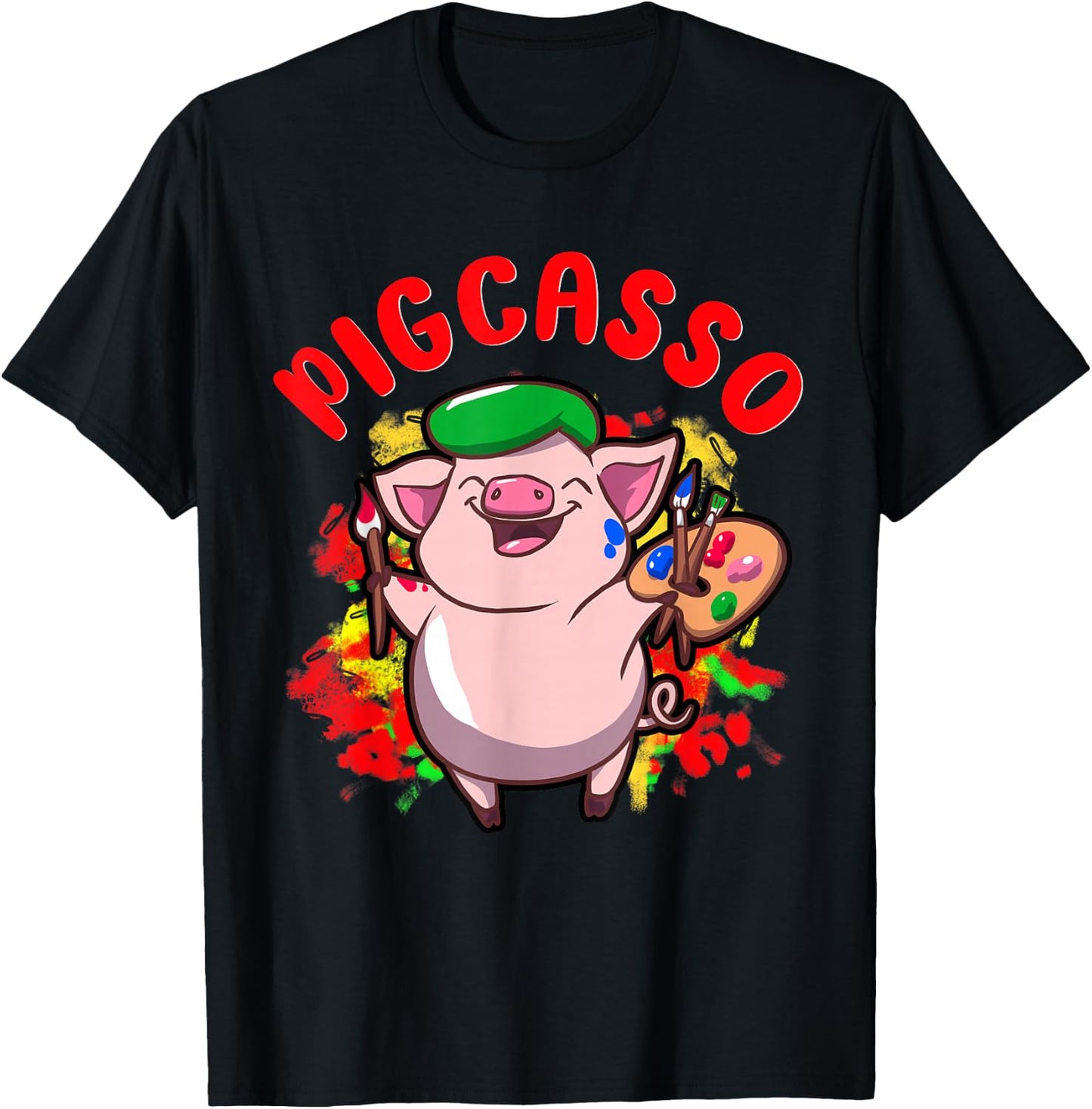 Pigcasso Funny Pig Painter Painting Artist Art Lover Piggy T-Shirt - T-Shirt | Black