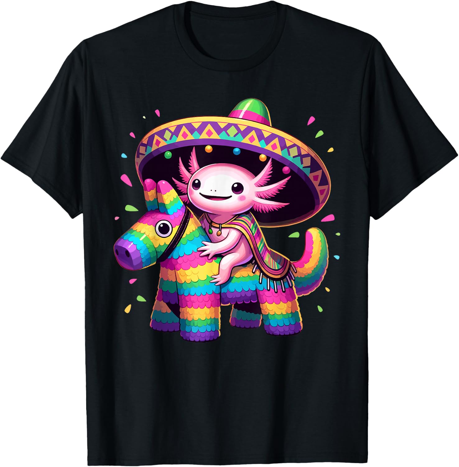 Axolotl Riding Pinata Cinco de Mayo Sombrero Poncho Funny T-Shirt - T-Shirt | Black