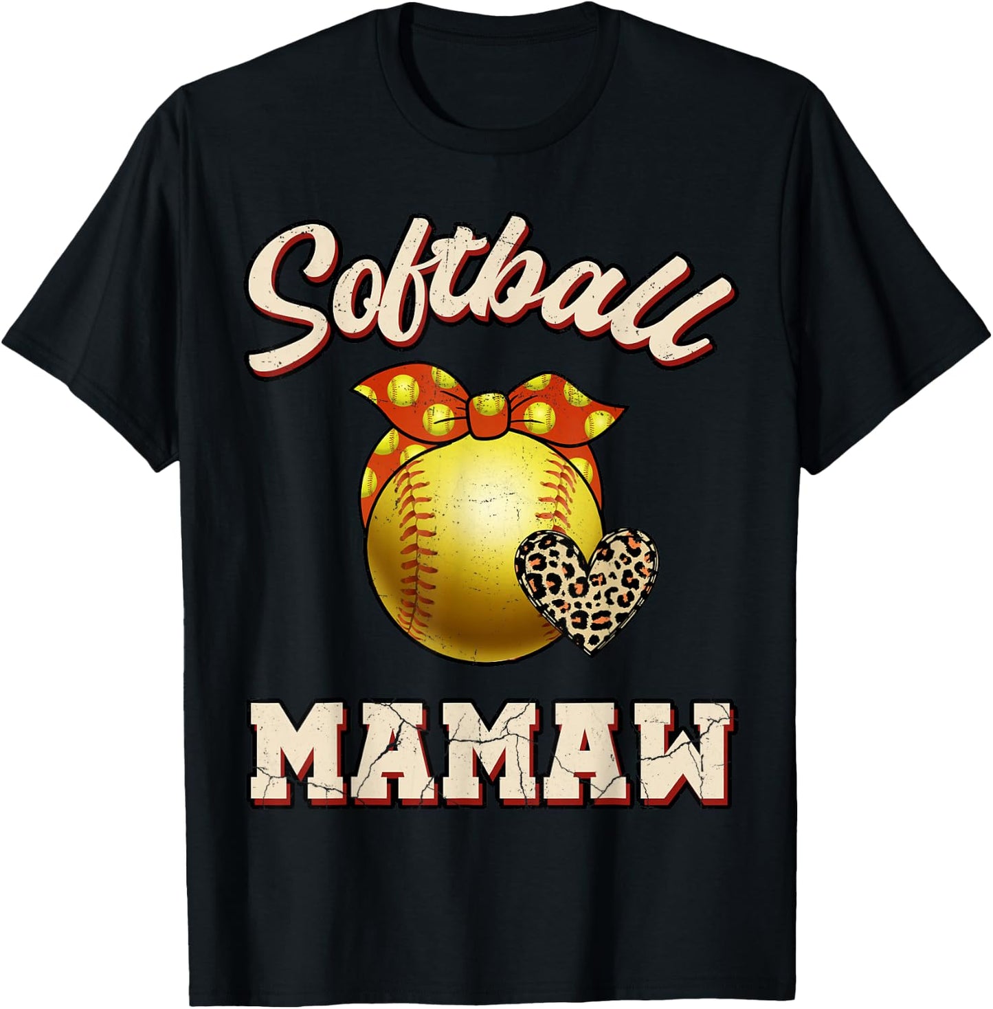 Softball Mamaw Leopard Heart Fans Mother's Day Gift T-Shirt - T-Shirt | Black