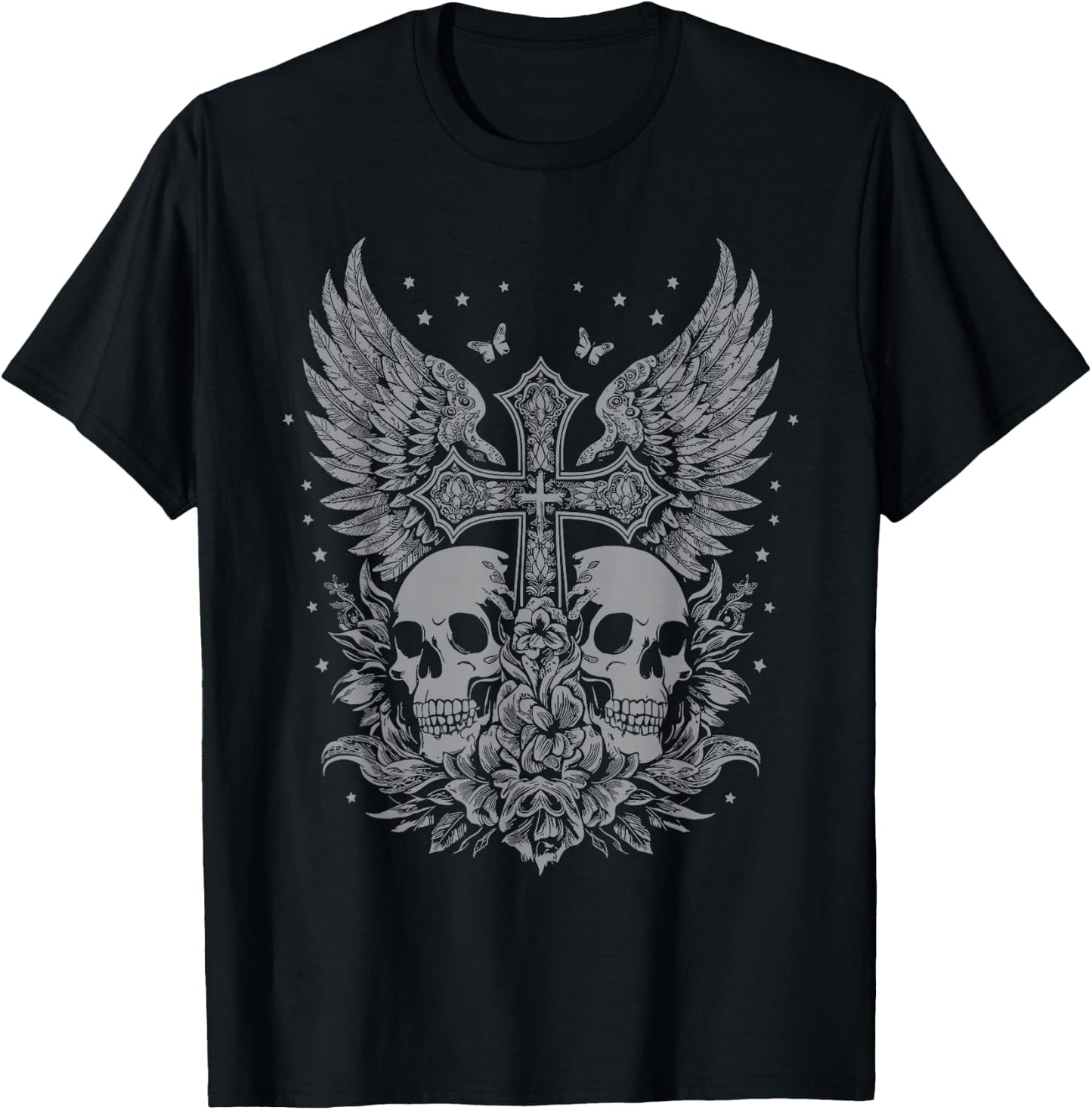 Emo Y2K Grunge Aesthetic Goth Skull Cross Gothic Butterfly , black T-Shirt - T-Shirt | Black