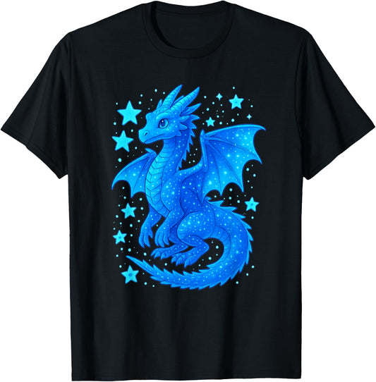 Mystical Blue Dragon Celestial Fantasy Illustration Cute Art T-Shirt - T-Shirt | Black