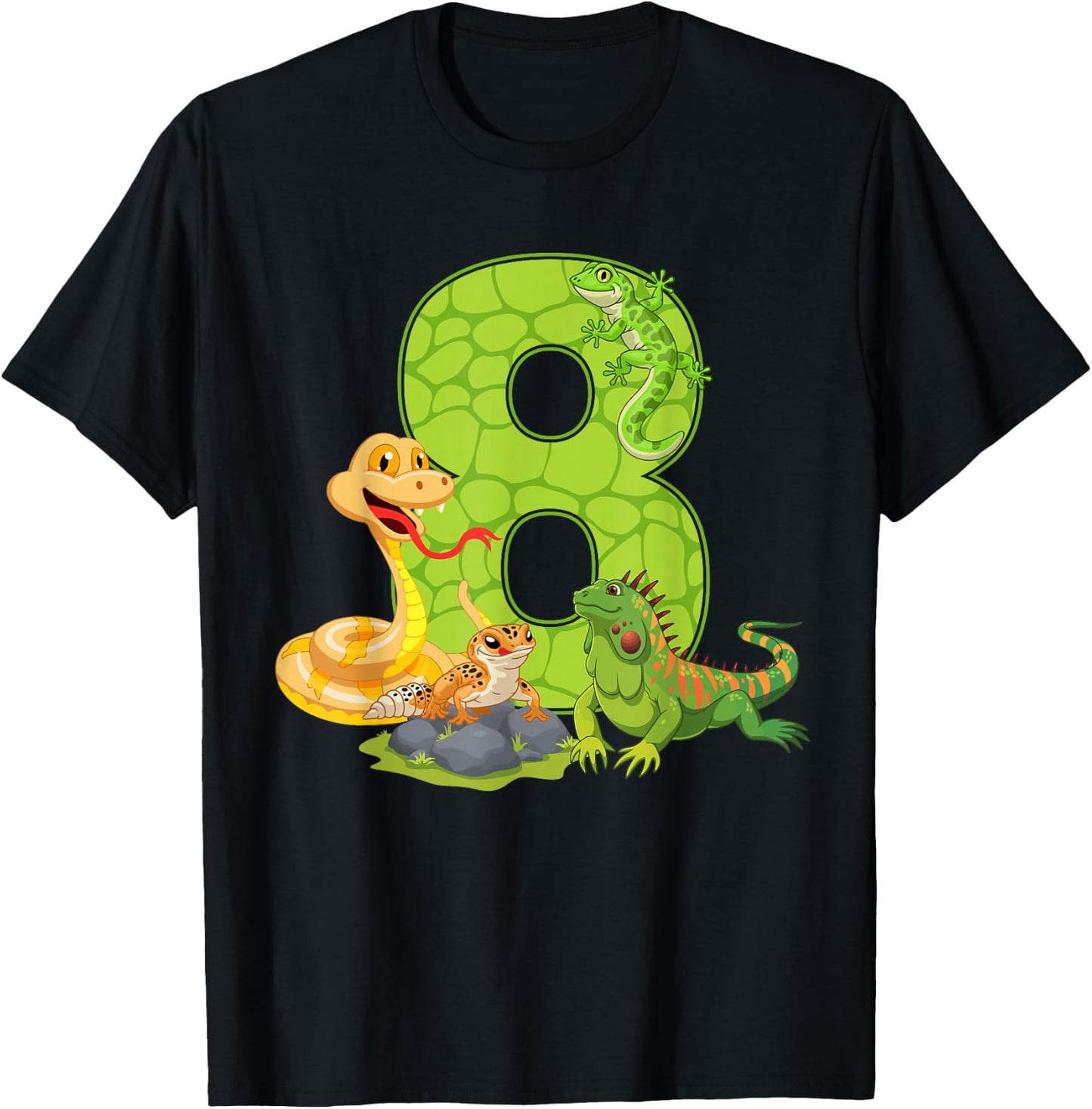 8th Birthday Snake Lizard Reptile 8 Year Old Birthday Party T-Shirt - T-Shirt | Black