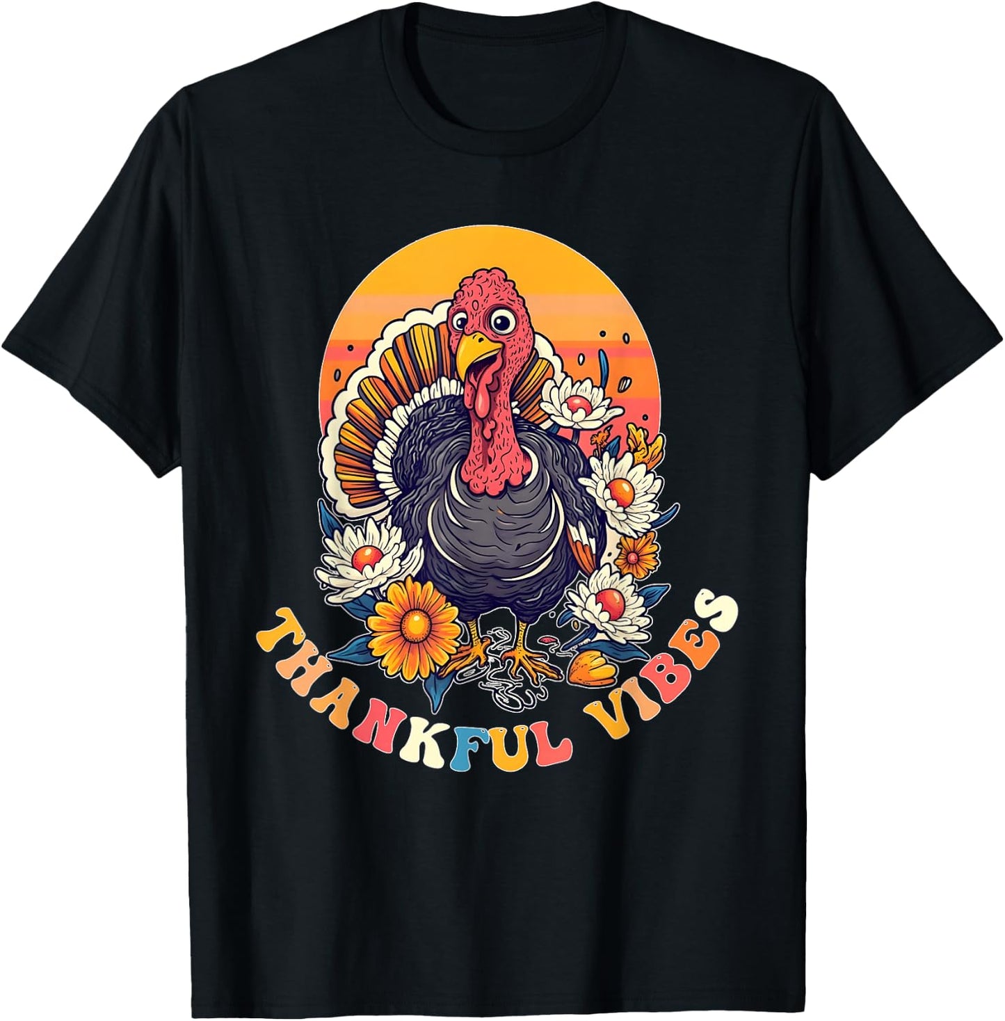 Thankful Vibes Turkey Funny Groovy Thanksgiving Women Girl T-Shirt - T-Shirt | Black