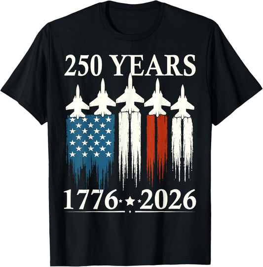 American Flag Fighter Jets 250th Anniversary USA 4th July T-Shirt - T-Shirt | Black