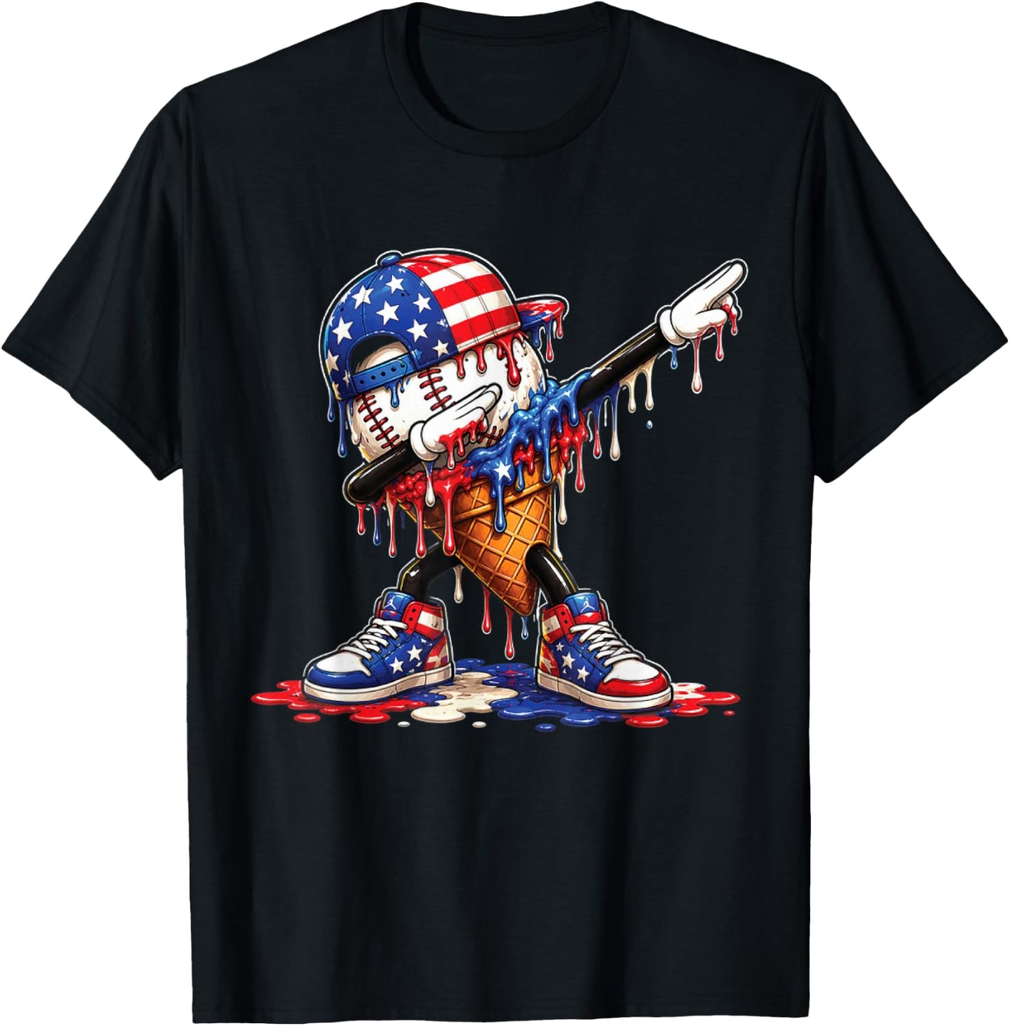 Baseball Drip Ice Cream Patriot American Flag 4th of July T-Shirt - T-Shirt | Black