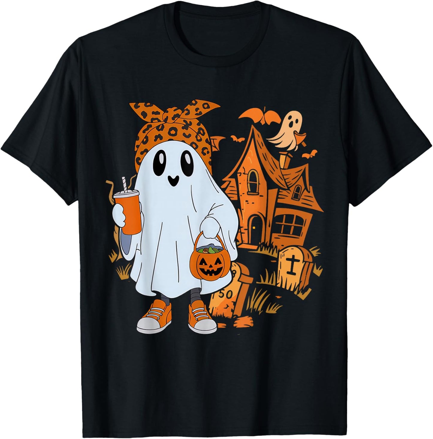 Cute Ghost Drinking Coffee Halloween Ghost Leopard Ice Coffe T-Shirt - T-Shirt | Black