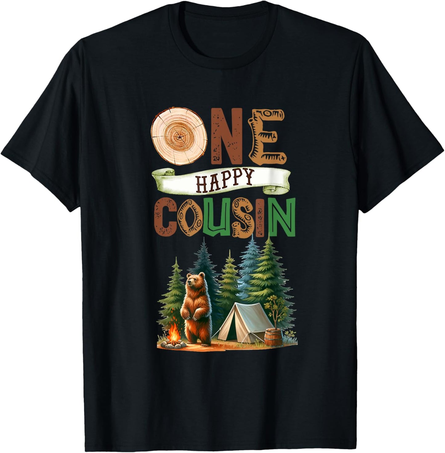 One Happy Cousin Camper First Birthday Camping Bear Kids T-Shirt - T-Shirt | Black