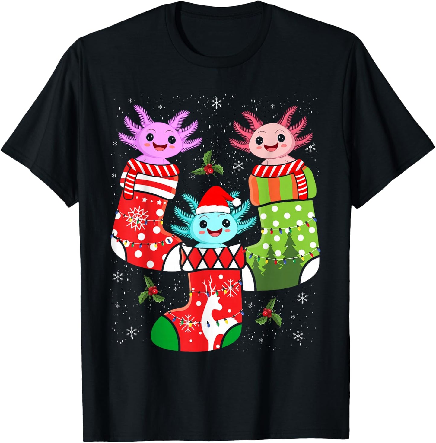 Kawaii Axolotl Christmas Stocking Kid Youth Teen Pajamas Pjs T-Shirt - T-Shirt | Black