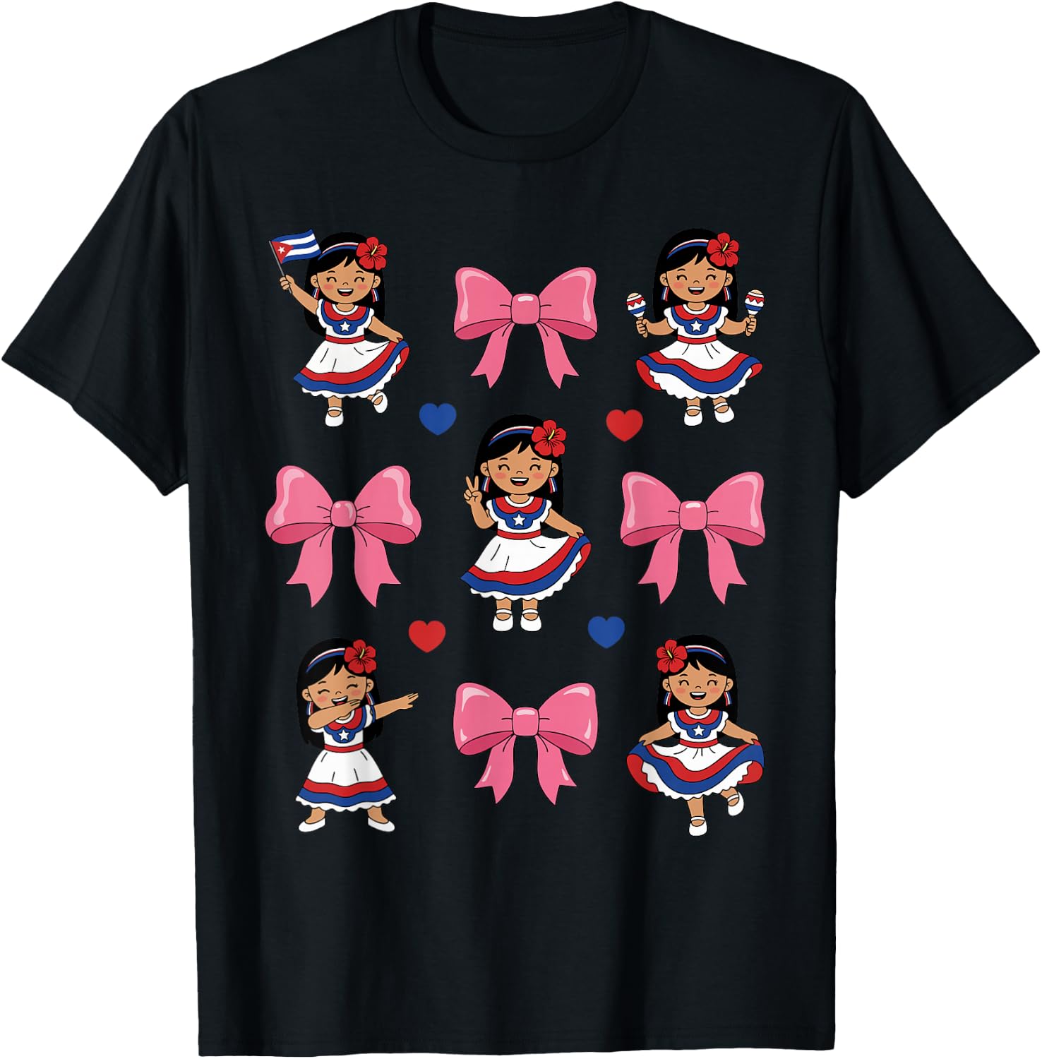 Cute Cuban Girl Traditional Dress Bow Cuba Heritage Flag T-Shirt - T-Shirt | Black