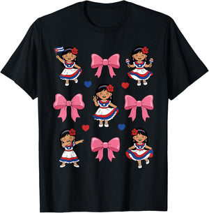 Cute Cuban Girl Traditional Dress Bow Cuba Heritage Flag T-Shirt - T-Shirt | Black