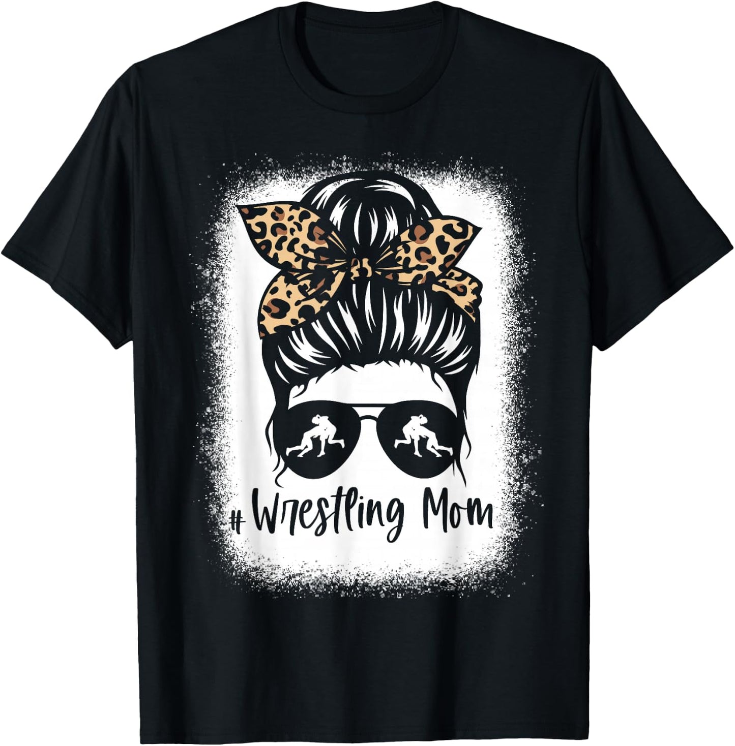 Wrestling Mom Messy Bun Leopard Wrestler Mama T-Shirt - T-Shirt | Black