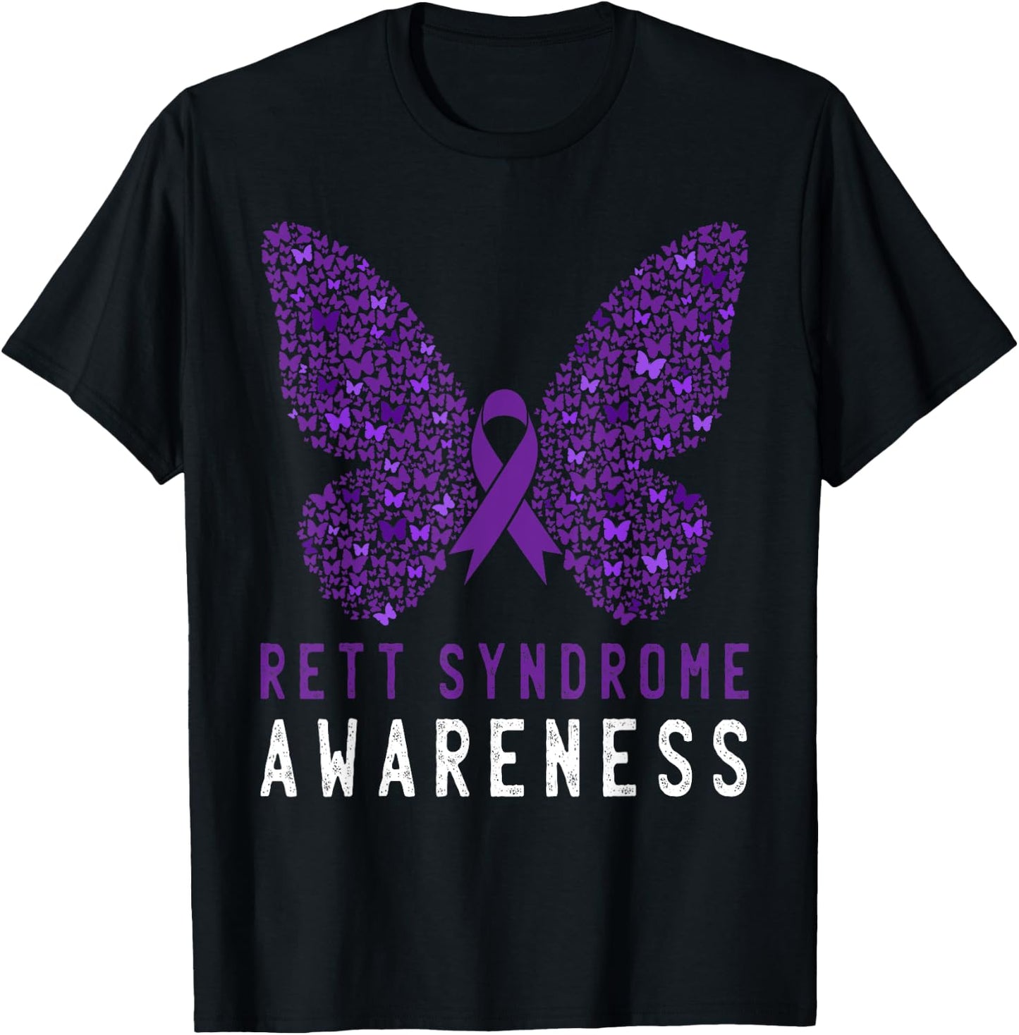 Rett Syndrome Awareness Butterfly Purple Ribbon Support T-Shirt - T-Shirt | Black