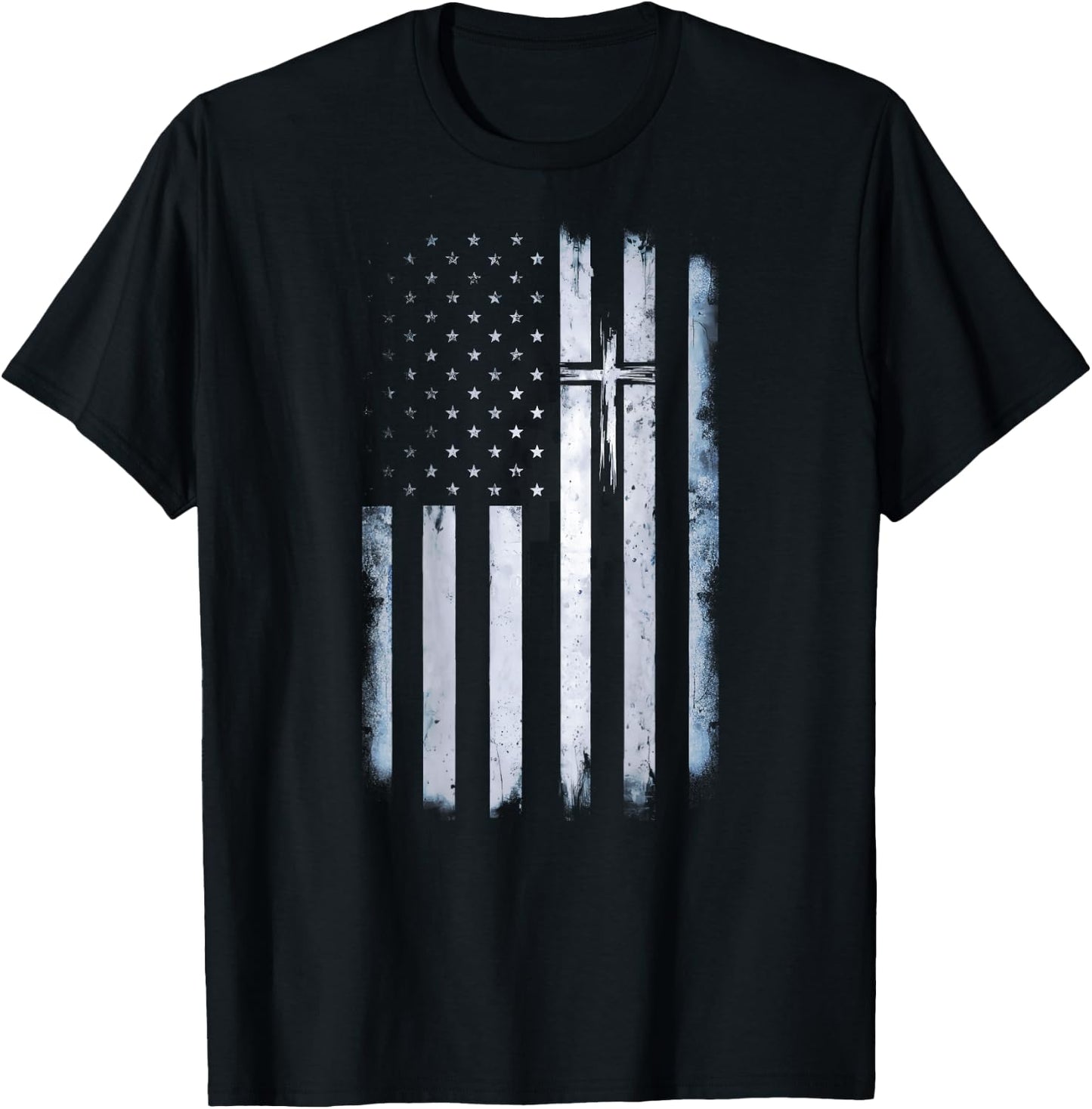 On Back American Flag Cross US Christian Patriotic T-Shirt - T-Shirt | Black