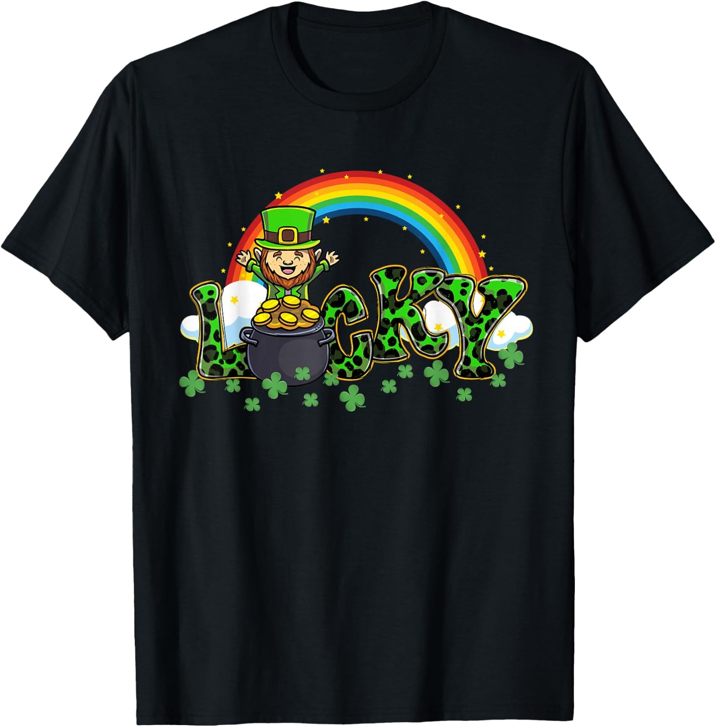 Lucky St Patricks Day Leprechaun Shamrock Leopard Clover T-Shirt - T-Shirt | Black