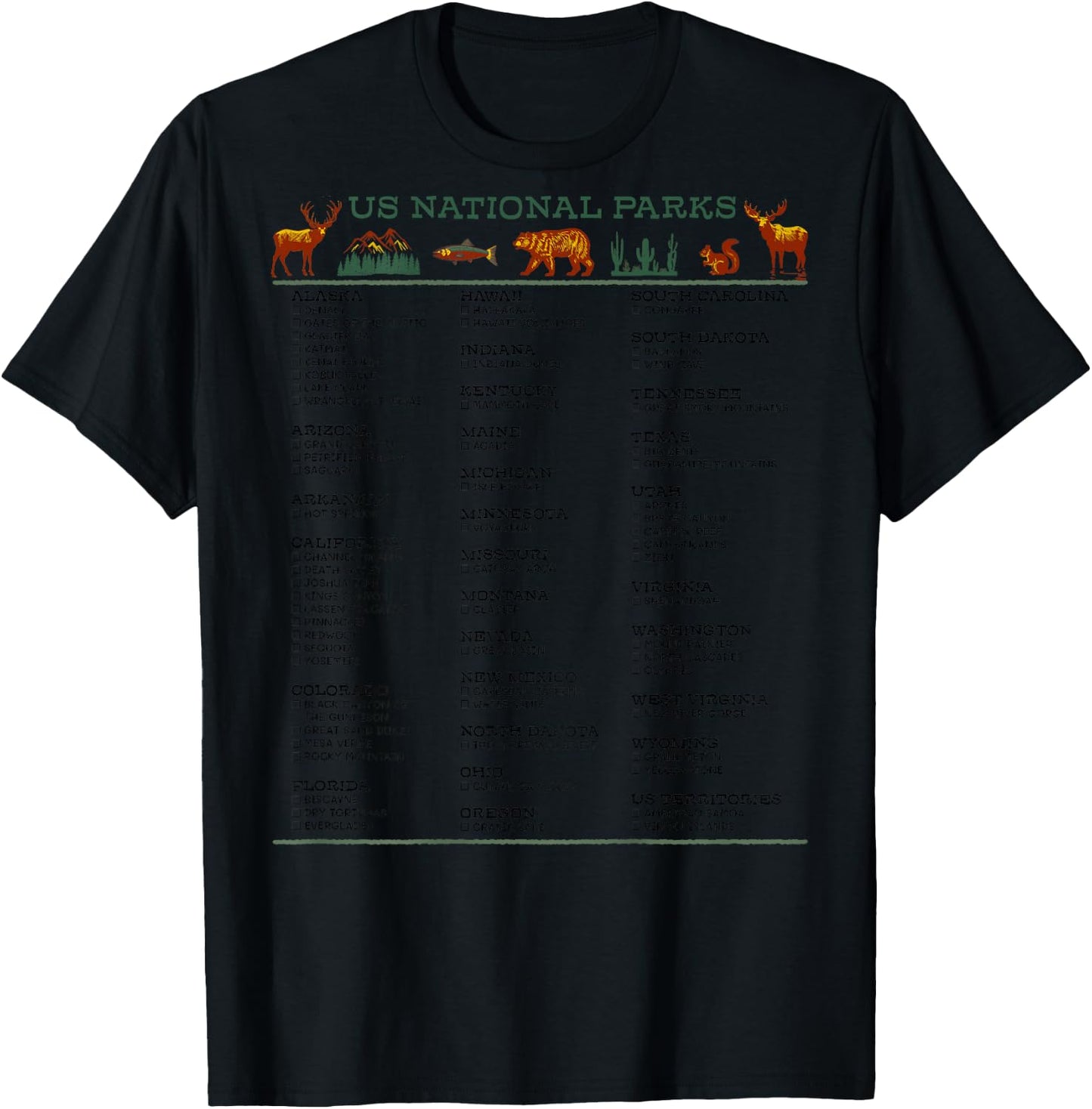 US National Parks Checklist List by State DESIGN ON BACK T-Shirt - T-Shirt | Black
