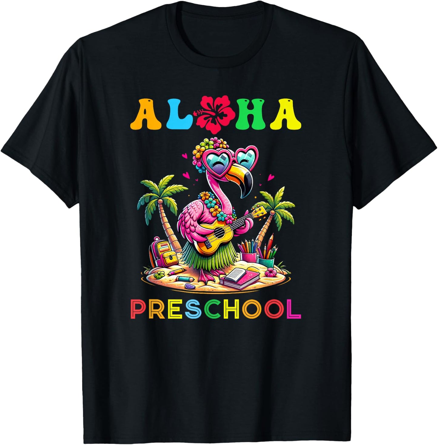 Aloha Preschool Flamingo Hawaii Back to School Kids Girl T-Shirt - T-Shirt | Black