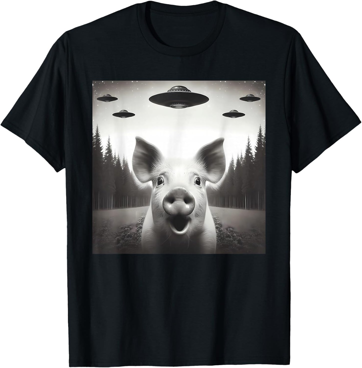 Funny Pig Selfie UFO Alien Humor Vintage Print Art Design T-Shirt - T-Shirt | Black