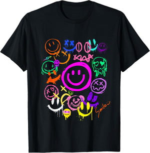 Smile Face Emoticons Fun Vivid Graffiti Smiley Face Graphic , black, S T-Shirt - T-Shirt | Black